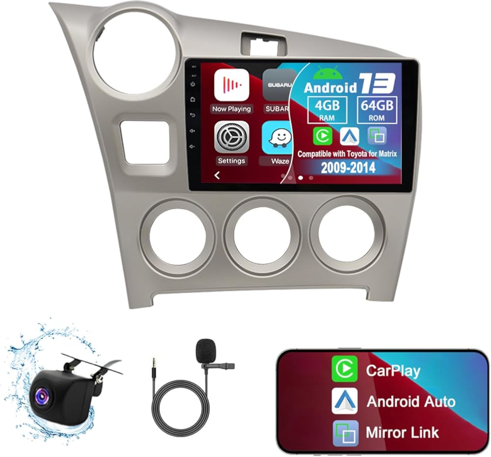 Android 13 Car Radio Stereo, 9'' Touch Screen Car Audio Compatible with Toyota for Matrix 2009-2014 with Carplay & Android Auto GPS WiFi Bluetooth Mirror Link Backup Camera Mic [4+64G]