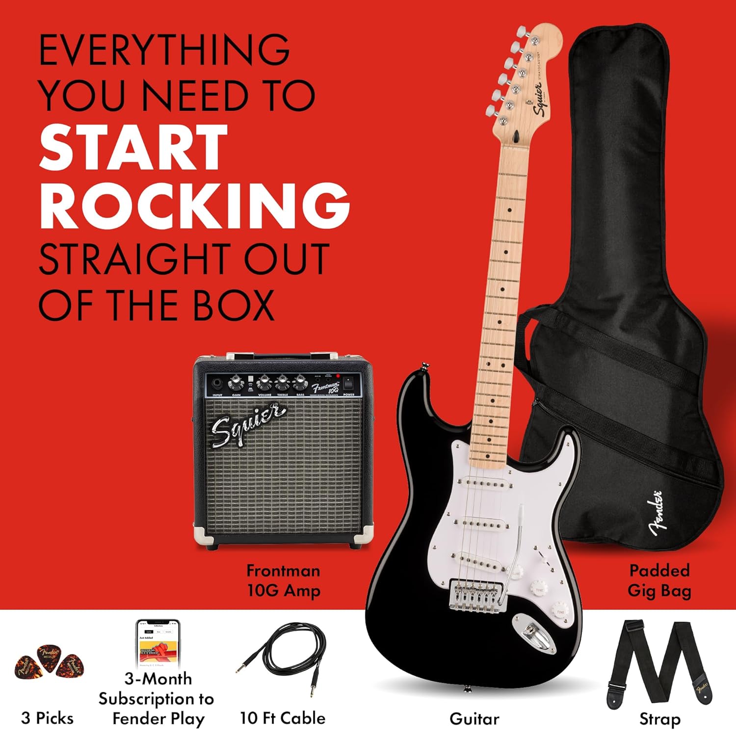 Squier Sonic Stratocaster Electric Guitar Pack, Black, Maple Fingerboard, with Gig Bag, 10G Amp, and Accessories