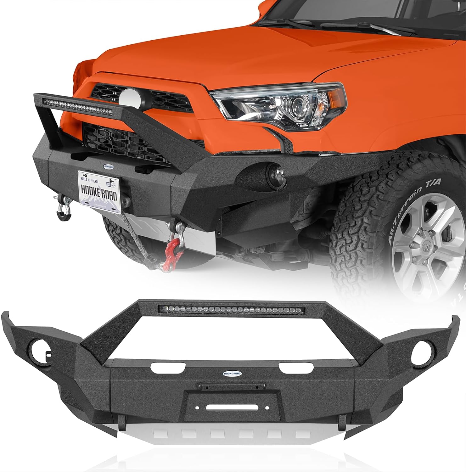 Hooke Road 4Runner Front Bumper Full Width Steel Bumper for 2014-2024 Toyota 4Runner, Overland Off-Road Bumper w/Bull Bar & Winch Plate & LED Light Bar
