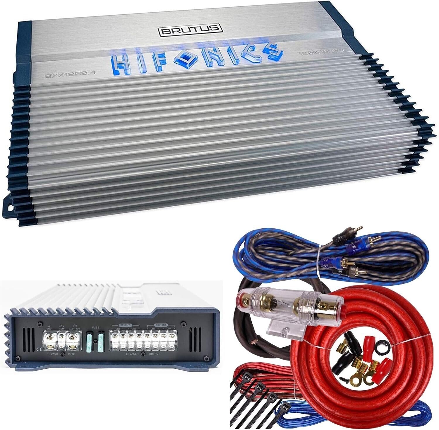 Hifonics BXX1200.4 Brutus 1000 Watt Super Class A/B 4-Channel Car Audio Amplifier with Complete 4-Channel Installation Kit