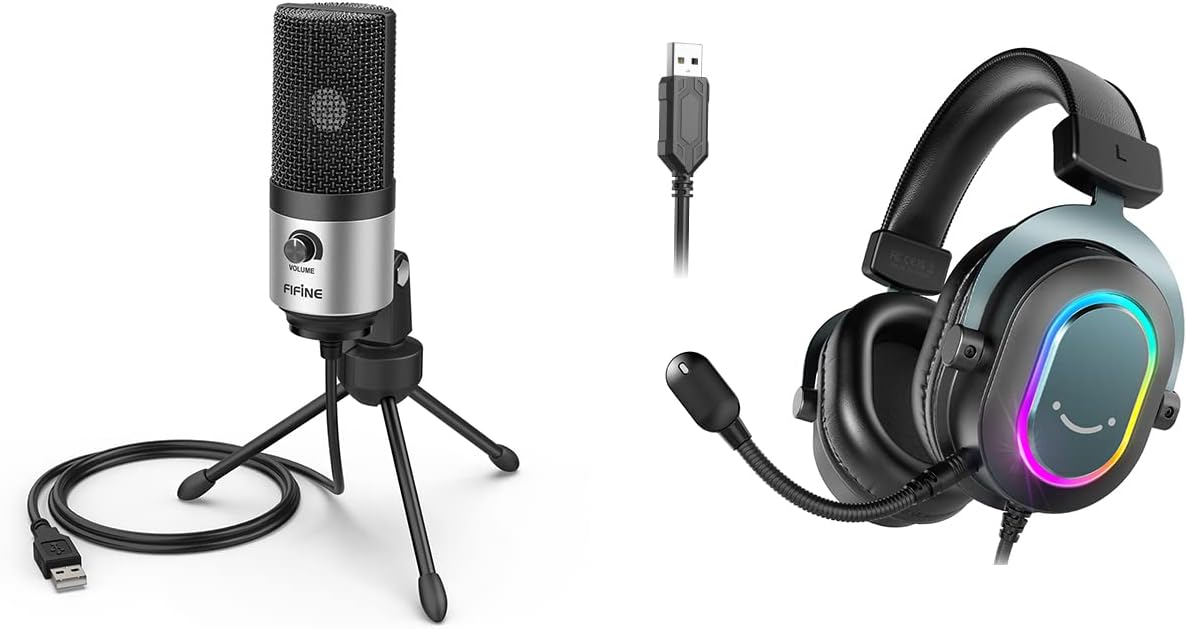 FIFINE Voice Over Microphone and PS5 Headset, USB PC Computer Mic with Gain Control, Gaming Headset with 7.1 Surround Sound for Zoom Video Meeting Online Class on Windows/Mac/PS4/PS5 (K669S+H6)