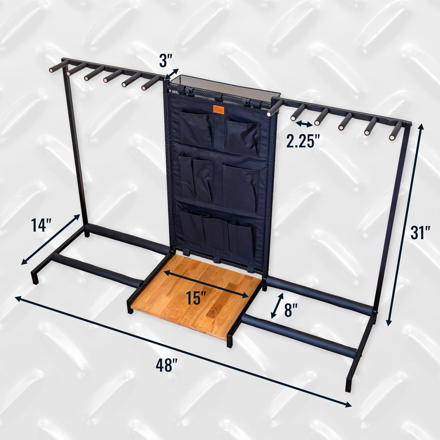 StoreYourBoard The Headliner Guitar Rack, 10 Storage Slots, Multiple Guitar Floor Stand for Acoustic and Electric, Black Canvas Storage Pockets, Hardwood Shelf