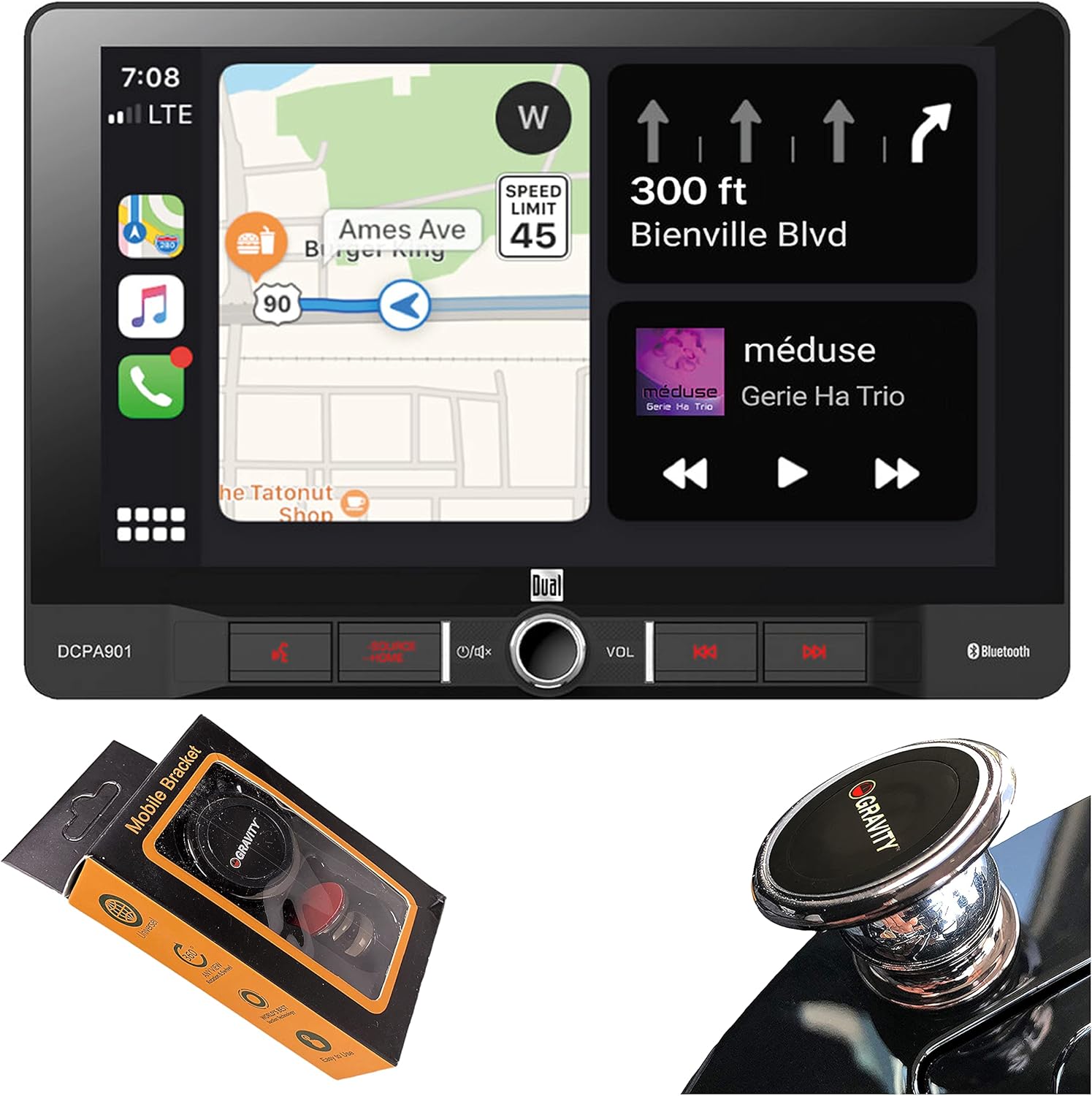 Dual Electronics DCPA901 9-Inch Single-DIN in-Dash Digital Media Receiver with Bluetooth, Android Auto and Wired Mirror Phone to The Unit with Gravity Magnet Phone Holder Bundle