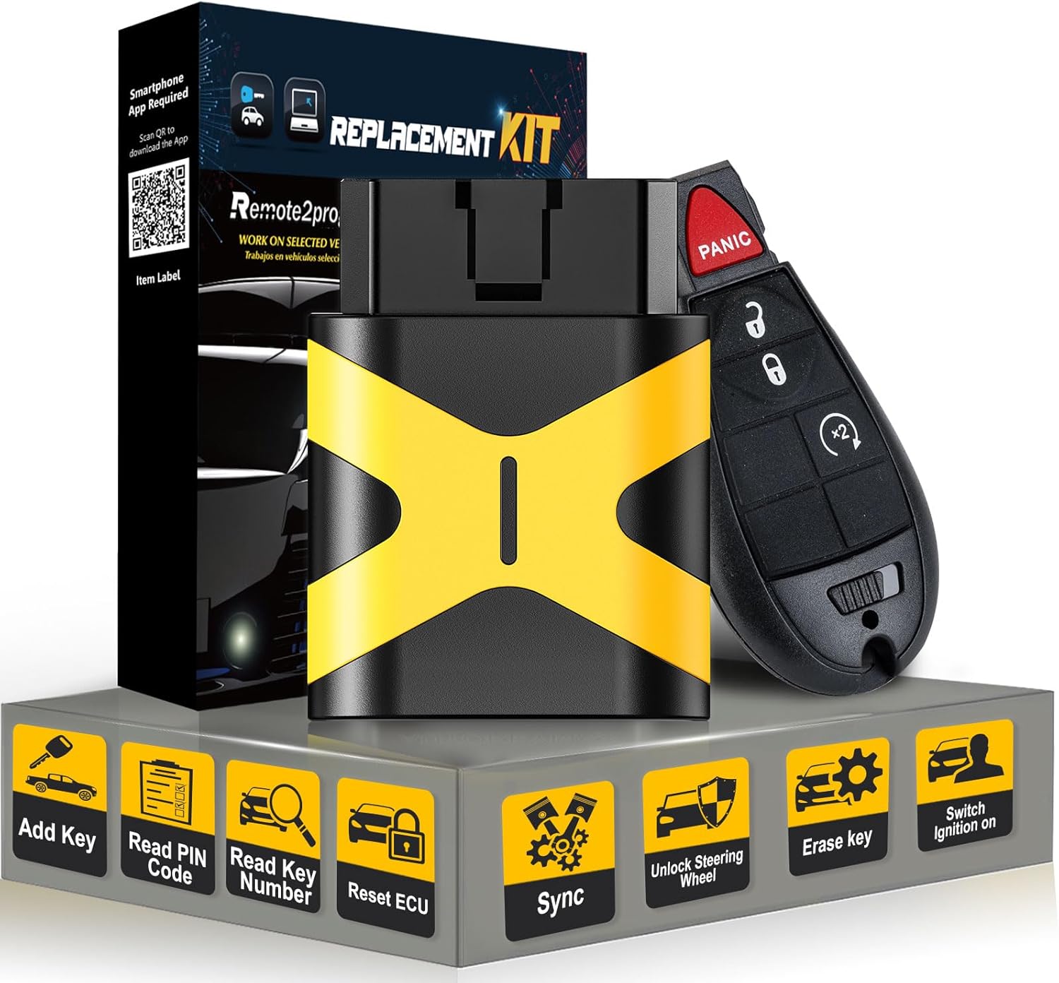 Fobik Car Key Self Programmable Key Fob Kit Keyless Entry Replacement for Dodge with FCC: GQ4-53T (4 Buttons)