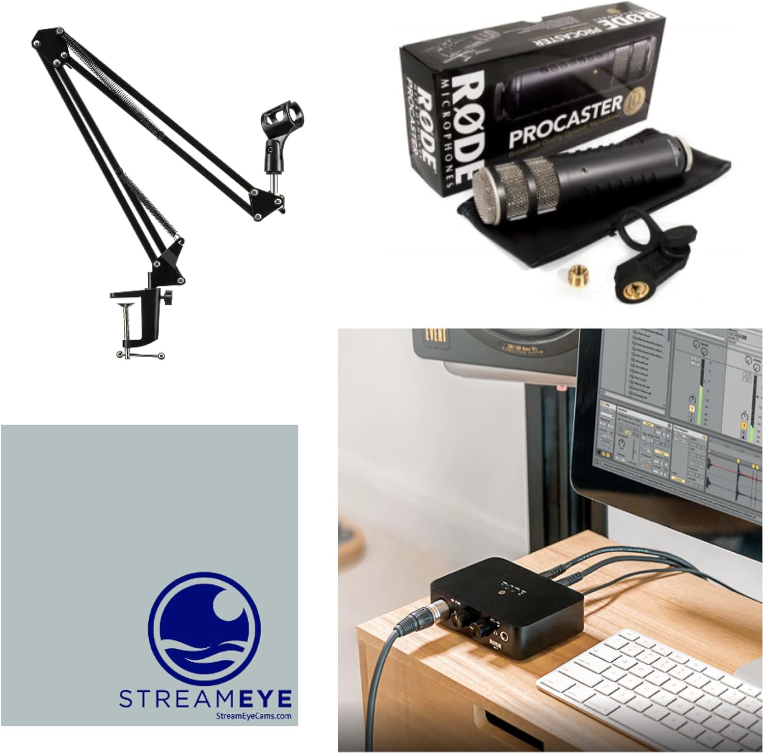 Rode Ai1 USB Audio Interface with Rode Procaster Microphone and StreamEye BoomArm1 Microphone Boom Arm