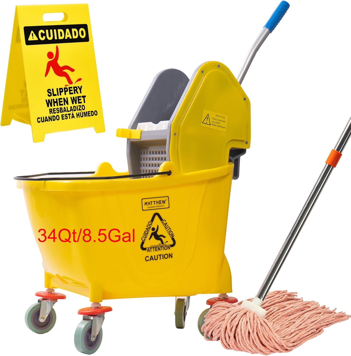MATTHEW CLEANING 34Quarts Commercial Mop Bucket INCL.Wet String Mop with Down Press Wringer On Wheels,Industrial Heavy-Duty Floor Cleaning w/Handle, Mop Bucket for Home,Offices,Commercial, Restaurants