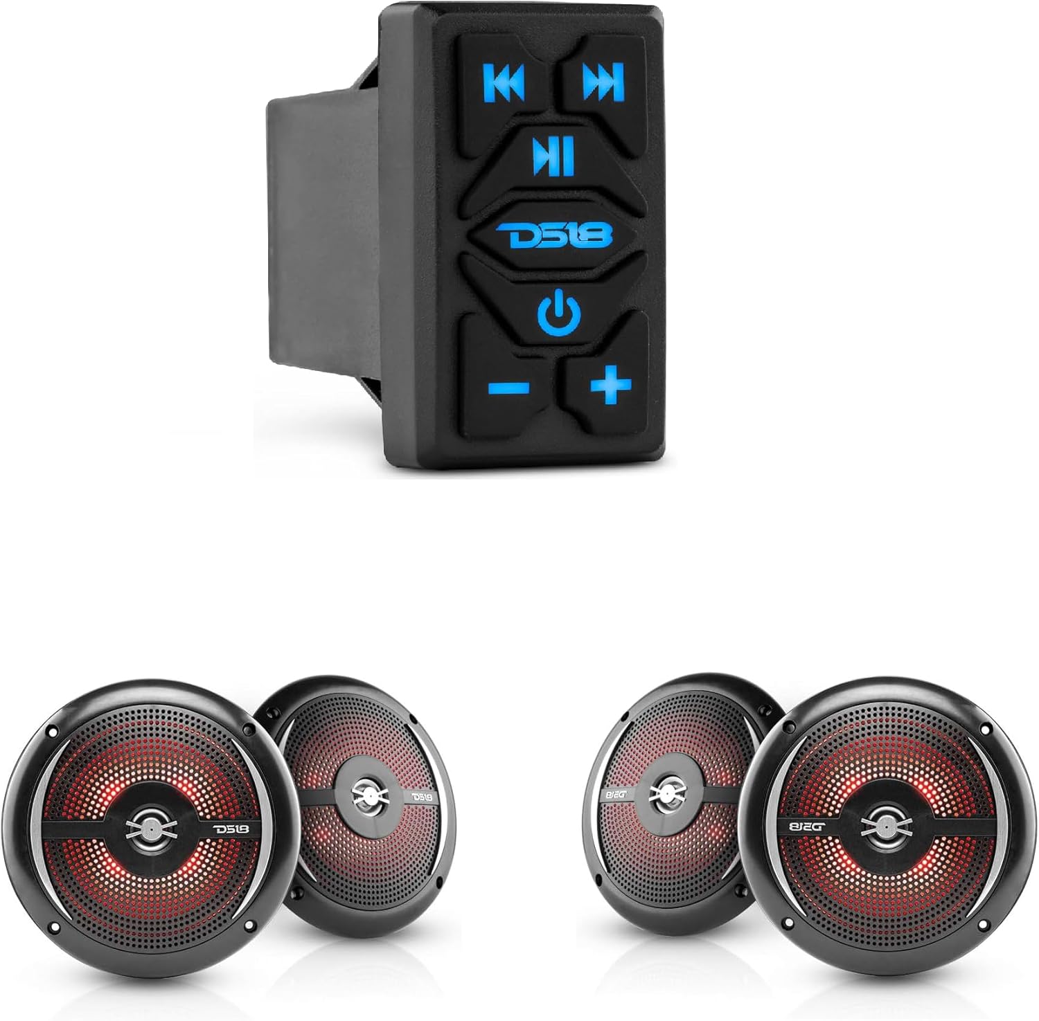 DS18 Marine Speakers Bundle - Waterproof Bluetooth Audio Receiver Rocker Switch with 4X Marine Slim Speakers 6.5