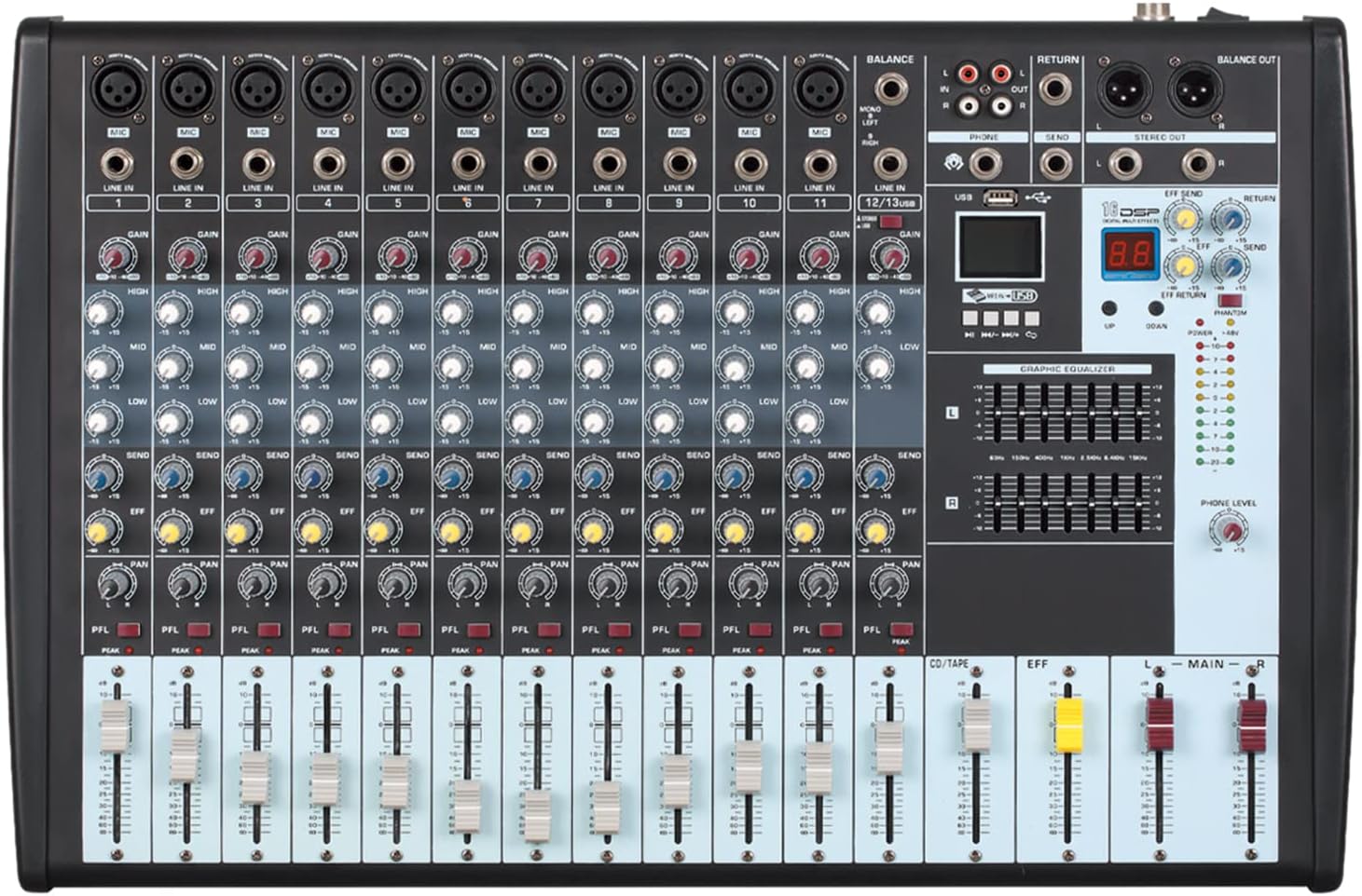 Boytone 12-Channel Professional Bluetooth Audio Mixer, PC Recording, 16 DSP Effects, 48V Phantom Power, 11 Mic Jack, DJ Stereo Input Soundboard Studio Controller, 14 Band EQ, RCA, Unpowered (BT-122MX)