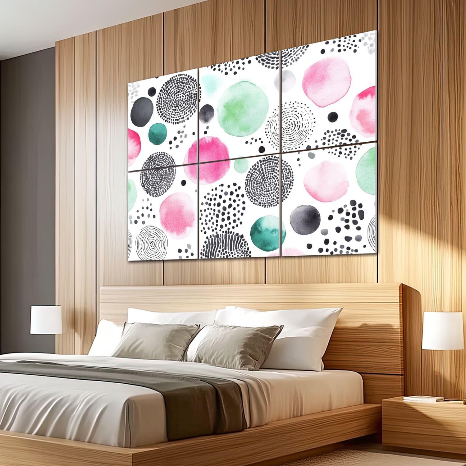 6 Pack Art Acoustic Panels Sound Absorbing Boho Circles Geometric Pink Art Abstract Watercolor Black White Dots Decorative Soundproof Wall Panels Self Adhesive for Recording Studios Office 72