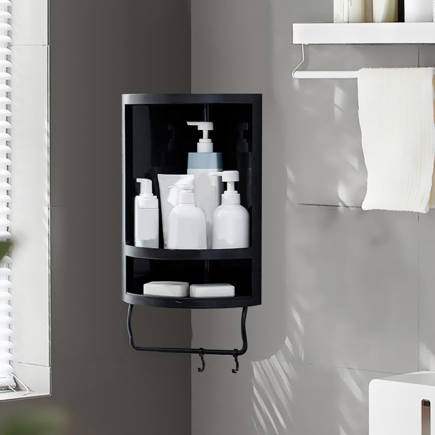 Corner Shower Rack Wall Mount Float Shelves Easy to Install Shower Corner Stand Float Shelves Storage for Toilet Hotels, White(Black)