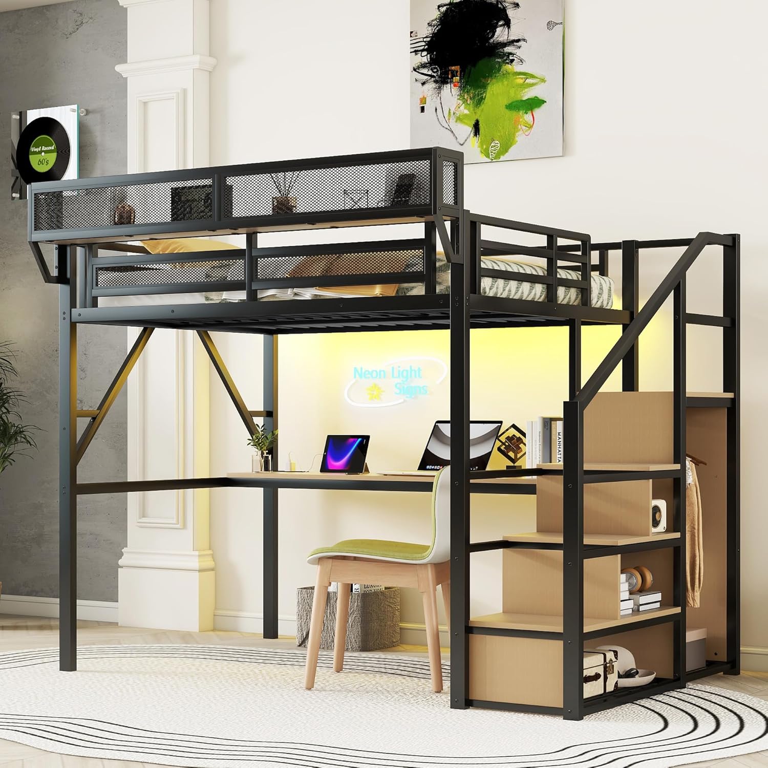 YAFF Full Loft Bed with Desk and Charging Station, Full Size Metal Loft Bed with Stairs and Light for Kids Teens, Black, Patent Products