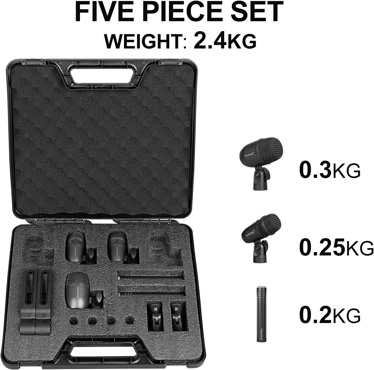Depusheng 5-Piece Wired Dynamic Drum Mic Kit (Whole Metal) Kick Bass, Tom/Snare & Cymbals Microphone-Use for Drums, Vocal, Other Instrument Complete with Thread Clip 7 On Stage Audio Cables