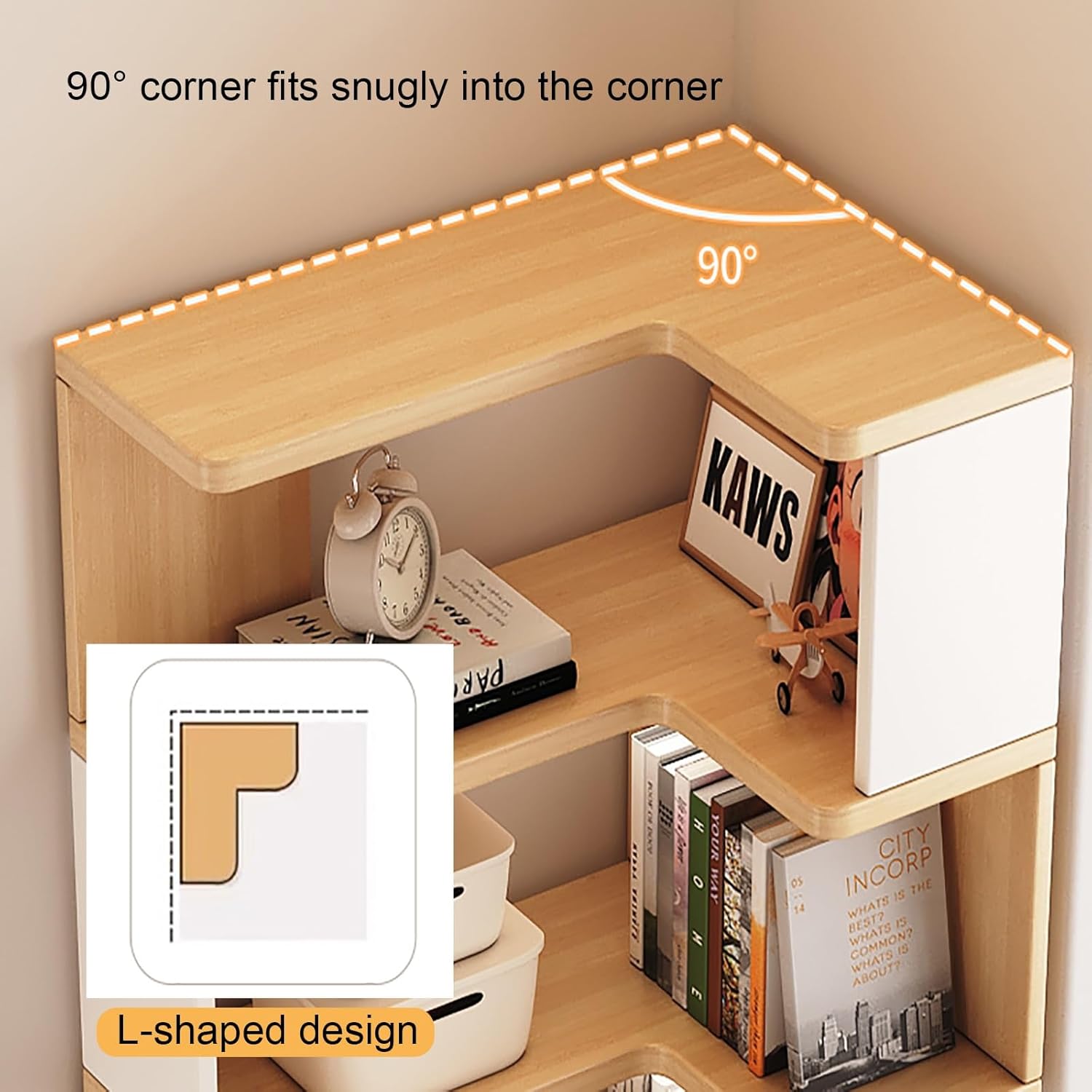5 Tier Corner Bookshelf Etagere Bookcase with Baffle, Decorative Storage Freestanding L Shaped Display Shelf Stand for Home Office, Living Room, Bedroom, Kitchen(White)