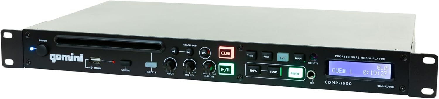Gemini Professional Rackmount CD Player - DJ CD Player with Pitch Control, USB Media Player, Anti-Shock Technology, XLR/RCA Outputs, Remote Control for Venues, Studios & Events (CDMP-1500)