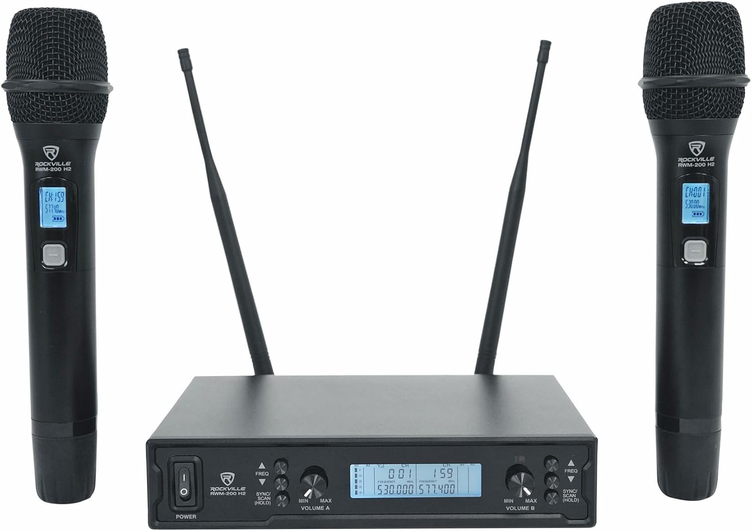 Rockville RWM-200 H2 Dual Handheld UHF Microphone System, 200 Channels, On-Mic 3-Band EQ & Echo, up to 500ft Range, XLR Outputs, Cardioid Mics, Full Metal Build, Ideal for Events, DJ, Karaoke