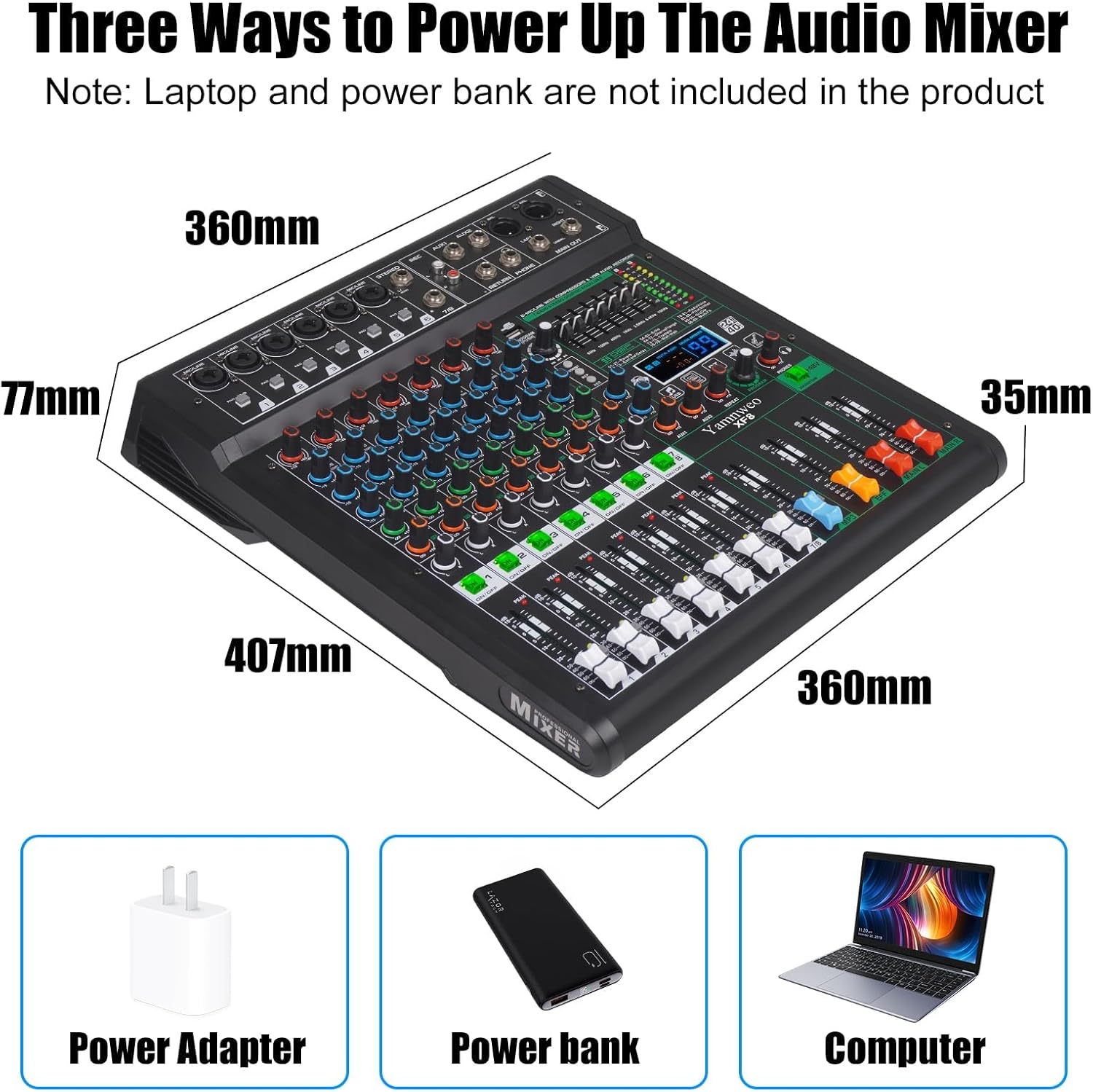 XF8 Professional Audio Mixer Sound Board Console Desktop System Interface 8 Channel Digital USB Bluetooth MP3 Computer Input 48V Phantom Power Supply Built-in 99 Reverb Effect (XF8)