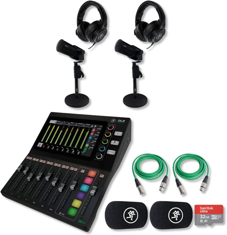 Mackie DLZ Creator - Digital Mixer for Podcasting and Content Creation with 2x Mackie EM-99B Dynamic Microphone, 2x MC-150 Professional Closed-Back Headphones, microSD Card and StreamEye Cloth