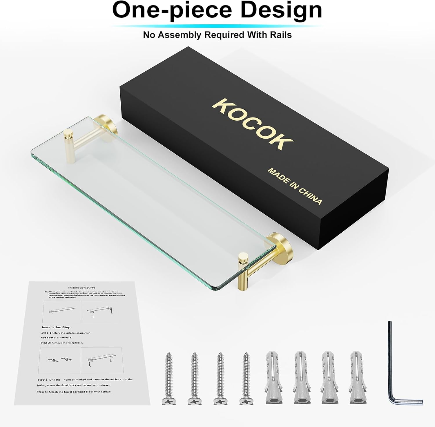 Glass Shelves for Bathroom 2 Pack,20-Inch Brushed Gold Towel Bar Glass Bathroom Shelves(Brushed Gold)