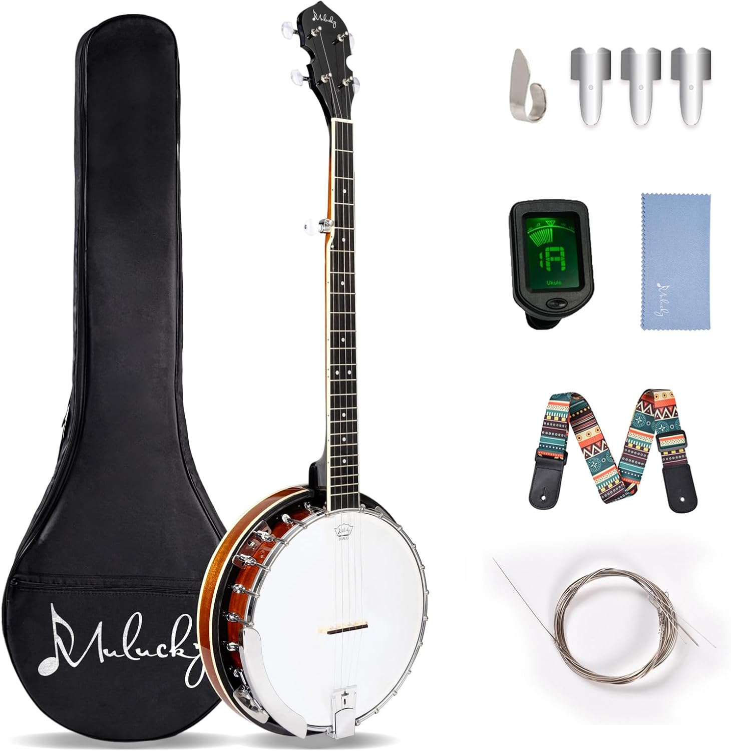Mulucky 5 String Banjo - Large Size with 24 Brackets, Closed Solid Wood Back, Mahogany Resonator Banjos, Geared 5th Tuner, Package with Beginner Kit - B1107-P