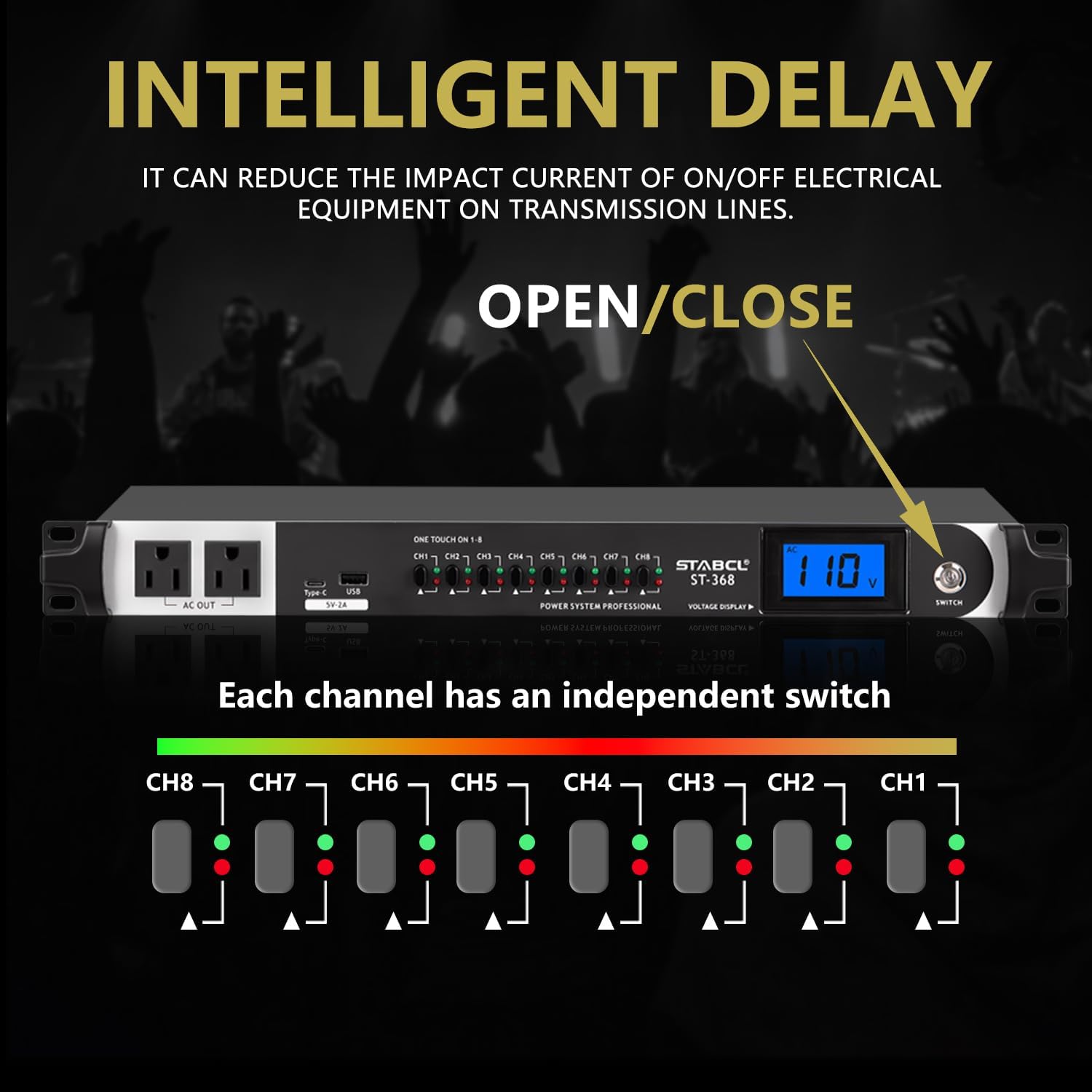 Professional 10 Socket Power Conditioner/Surge Sequencer with USB and Type-C Charger.3300W Rack Mount Audio Power Supply Controller, Surge Protector, for Audio product, electronic equipment