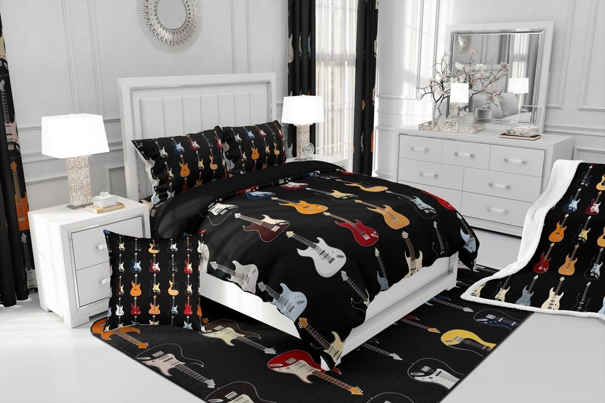 Manfei Colorful Guitar Comforter Set King Size,Musical Instruments Artistic Guitars Bedding Set 3 Pcs for Adults,Rock Bass Music Lovers Comforter,Black Duvet Insert,2 Pillowcases