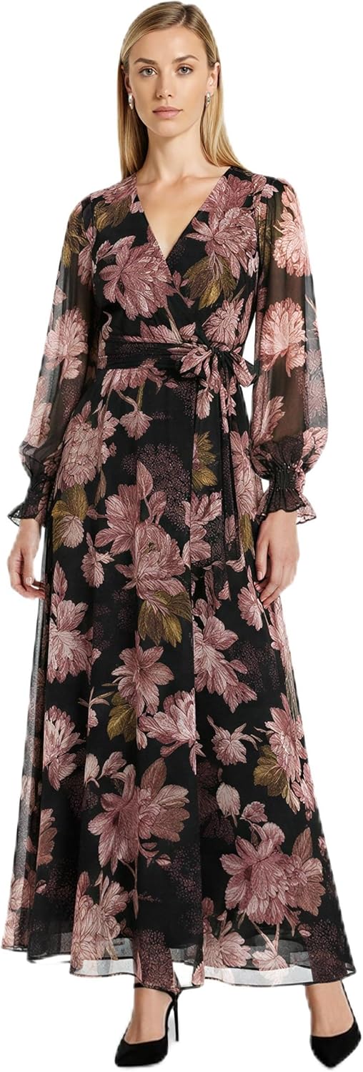 Anne Klein Womens Long Sleeve Printed Faux Wrap Maxi Dress