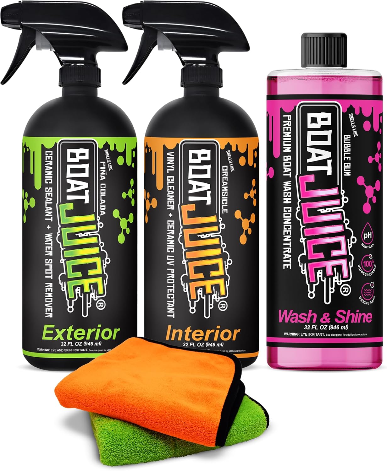 Boat Juice Boat Cleaner Kit - Boat Cleaning Kit includes Exterior Boat Cleaner, Interior Boat Cleaner, Boat Wash & Shine, 2 Microfiber Towels