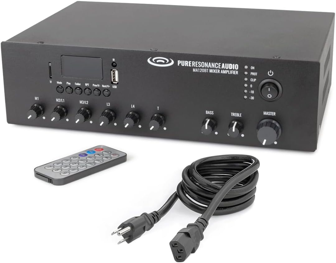 Pure Resonance Audio MA120BT 120W 7-Channel Bluetooth Mixer Amplifier with USB, TF, and Remote Control - XLR, 1/4 TS, RCA Inputs, 70V/100V/4-16 Ohm Output for Commercial Audio Systems