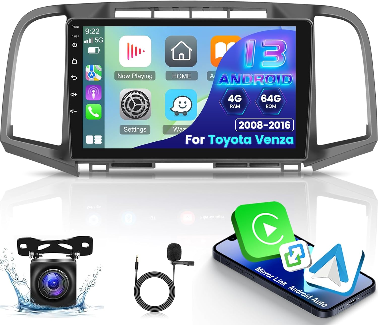 [4+64G] NHOPEEW Android 13 Car Radio for Toyota Venza 2008-2016 - Wireless Carplay and Android Auto - 9 Inch 1280 * 720 HD Touch Screen Car Stereo - 32 EQ/WiFi/GPS/SWC + AHD Backup Camera
