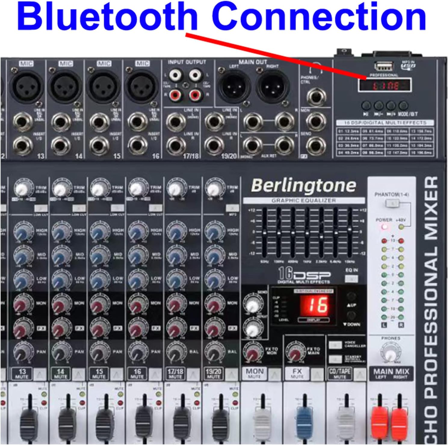 -Berlingtone,16 Channel Professional Bluetooth Studio Audio Mixer - DJ Sound Controller, USB MP3 Player, 14 Microphone Jack, 7 Band EQ, 16 BIT Digital FX, 48V Phantom Power, Unpowered (BR-166MX)