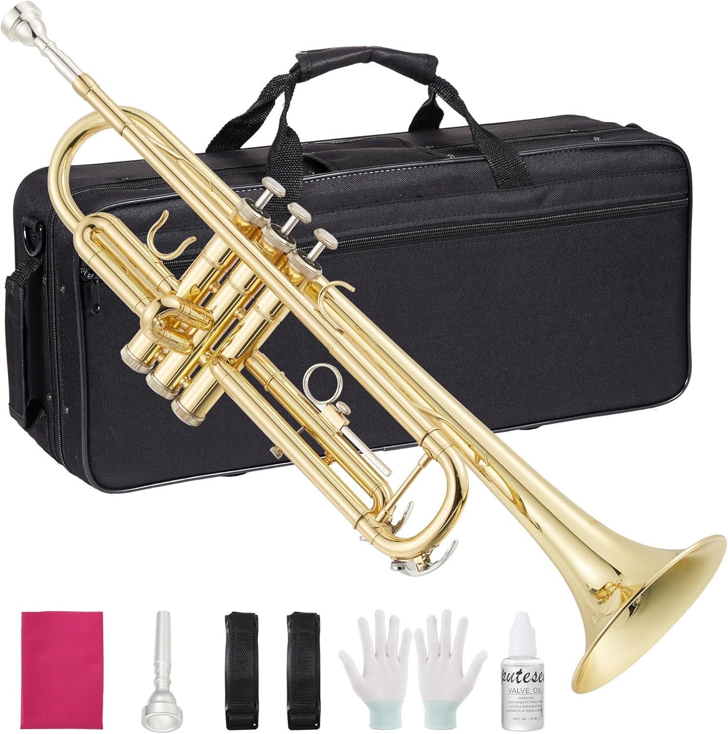 Professional Standard Trumpets for Beginners & Students, Gold Lacquer Brass Instrument with Hard Case, Mouthpiece, Cleaning Kit, Gloves & Polish Cloth, Full Starter Pack