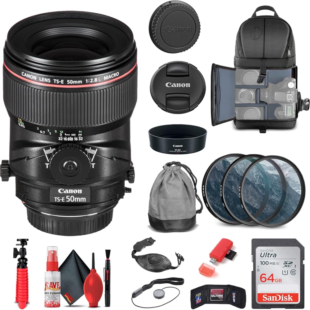 Canon TS-E 50mm f/2.8L Macro Tilt-Shift Lens (2273C002) + Filter Kit + Backpack + 64GB Card + Card Reader + Flex Tripod + Memory Wallet + Cap Keeper + Cleaning Kit + Hand Strap + More (Renewed)