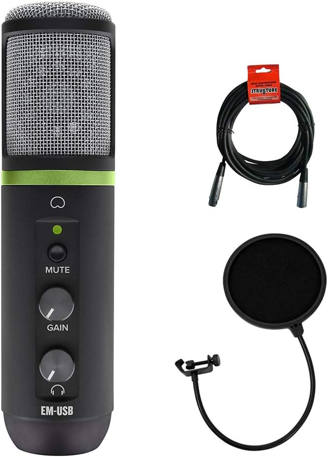 Mackie EM-USB Element Series USB Condenser Microphone with Pop Filter & XLR-XLR Cable Bundle