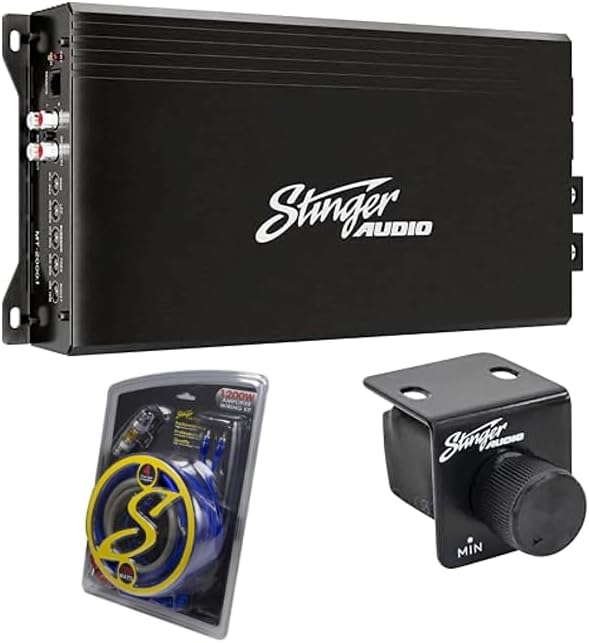 STINGER Audio MT20001 Monoblock Class D Mosfet Power Supply Car Amplifier with Remote Subwoofer Level Control, 2000 Watts RMS 4-Gauge Copper Amplifier Wiring Kit, 1200 Watt Sub Wiring Kit