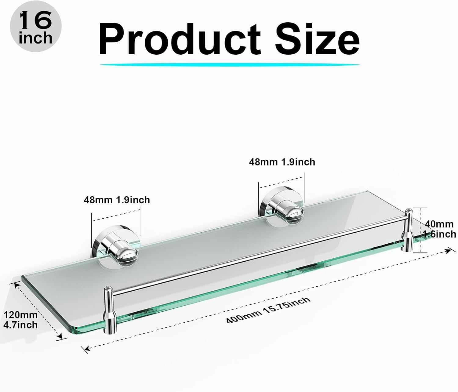 Glass Shelf for Bathroom 2 Pack,16-Inches Floating Glass Shelves Towel Bar/Track(Chrome Polished)