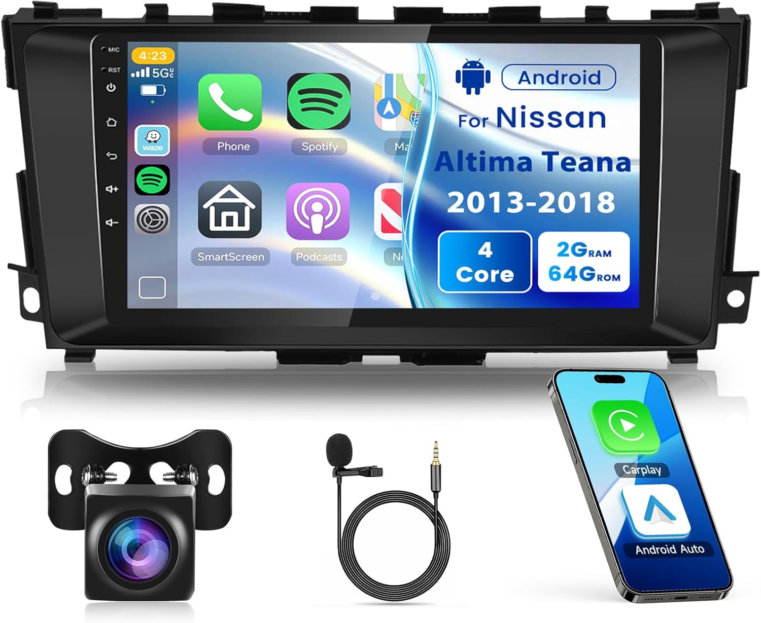 2G 64G Android 13 Car Stereo for Nissan Altima 2013 2014 2015 2016 2017 2018 Wireless Carplay Android Auto, 9’’ Touch Screen Car Radio with GPS Bluetooth Mirror Link WiFi FM/RDS EQ Backup Camera SWC