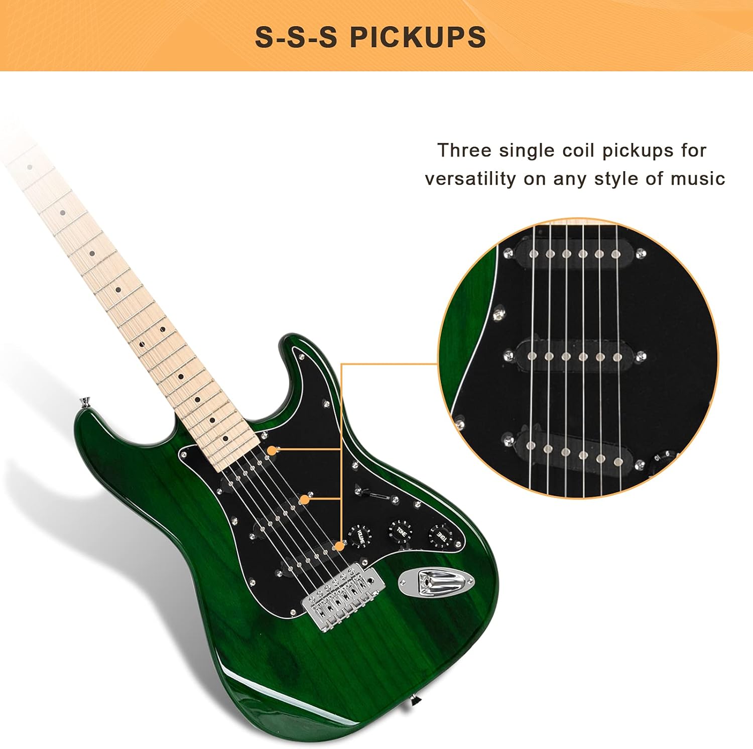 GLARRY Full Size Electric Guitar for Music Lover Beginner with 20W Amp and Accessories Pack Guitar Bag (GREEN, 39
