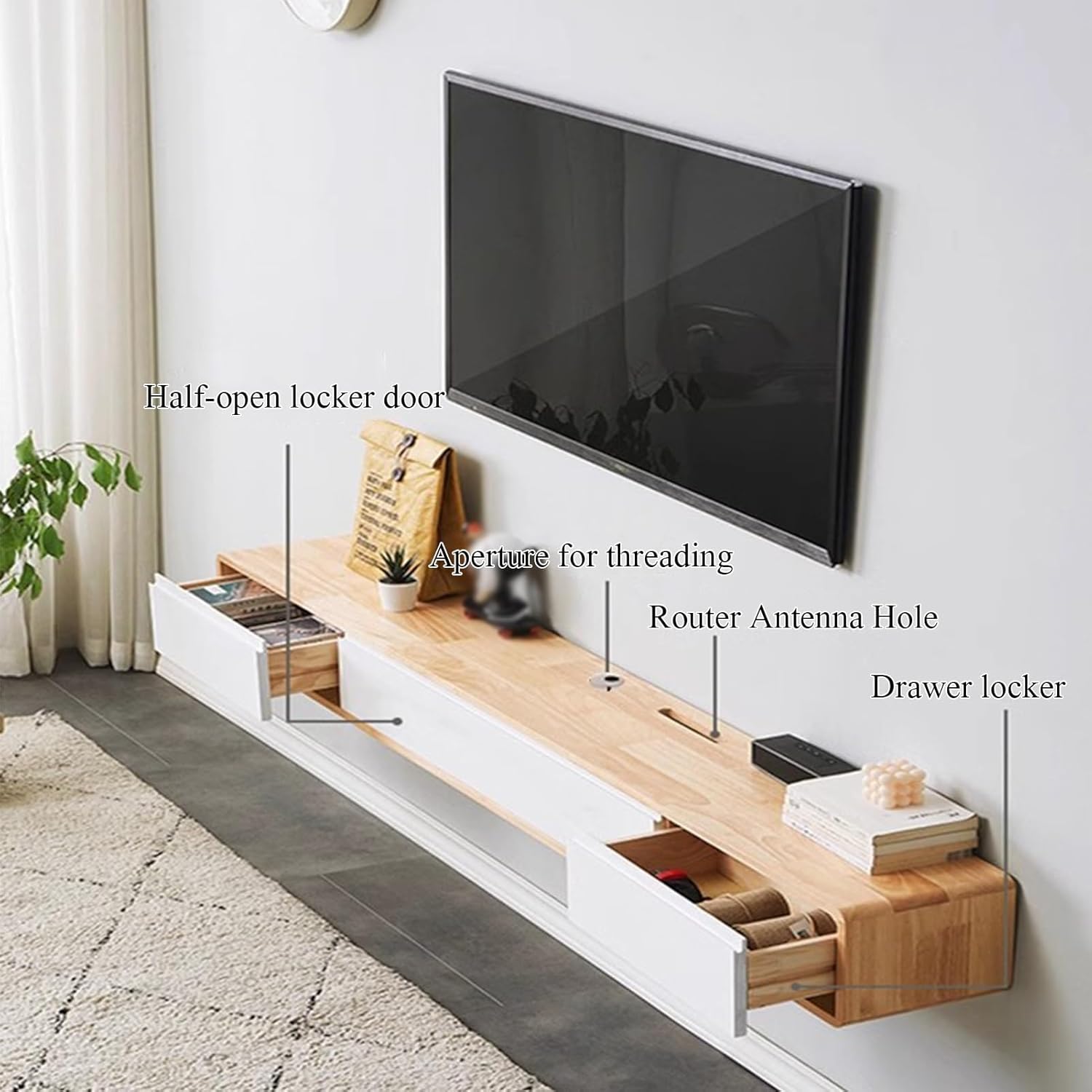 Multi-Size Floating TV Stand - Solid Wood Wall Mounted TV Unit, Multifunctional with Pre-Drilled Wiring Holes for Easy nization (Wood & White, 120x20x24cm)