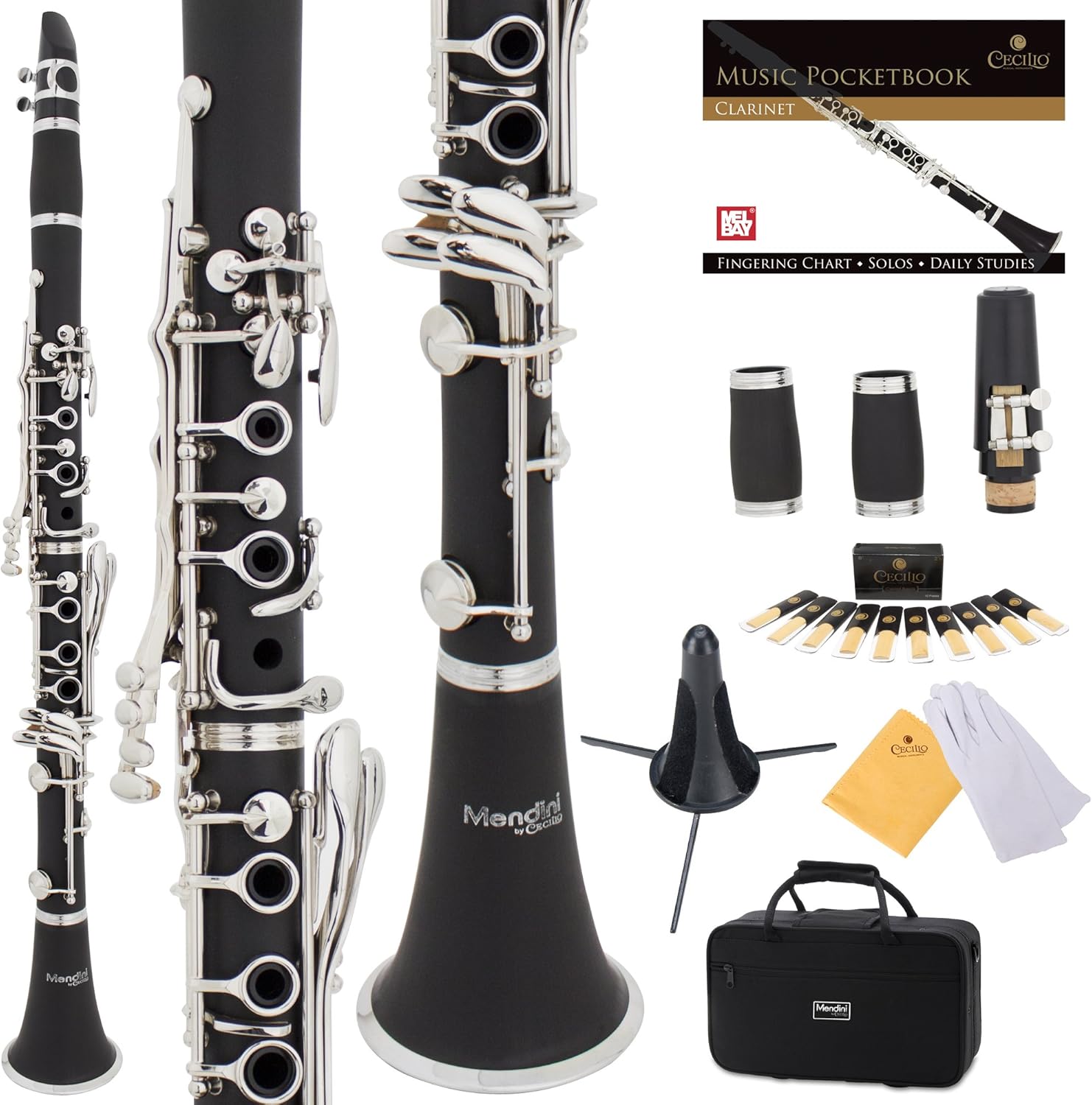 Mendini by Cecilio B Flat Clarinet for Beginner, Ebonite Bb Clarinet with 2 Replaceable Barrels, 10 Reeds, Stand, Pocketbook, Mouthpiece, Hard Case, Gloves (Black)