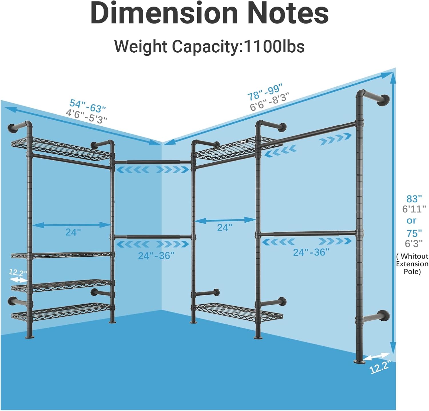 Timate L4 L Shape Garment Rack Heavy Duty Clothes Racks for Hanging Clothes, Expandable Industrial Pipe Clothing Rack Wall Mounted Closet Racks Wardrobe Closet Kit Corner Closet System, Black