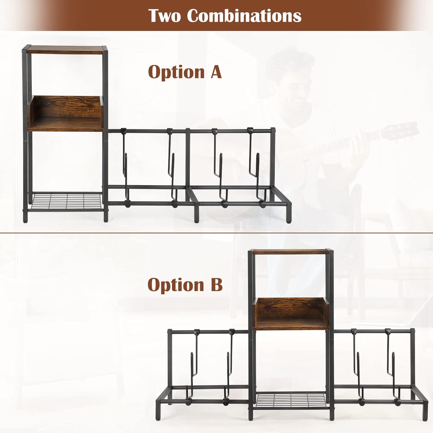 Bikoney Guitar Stand for 4 Guitars - Acoustic, Electric, Bass & Ukulele Floor Rack with 2 Wood Shelves for Amp Holder, Vinyl Records & Media Storage - Adjustable Multi Guitar Display Stand for Music Studio Home (Patent)