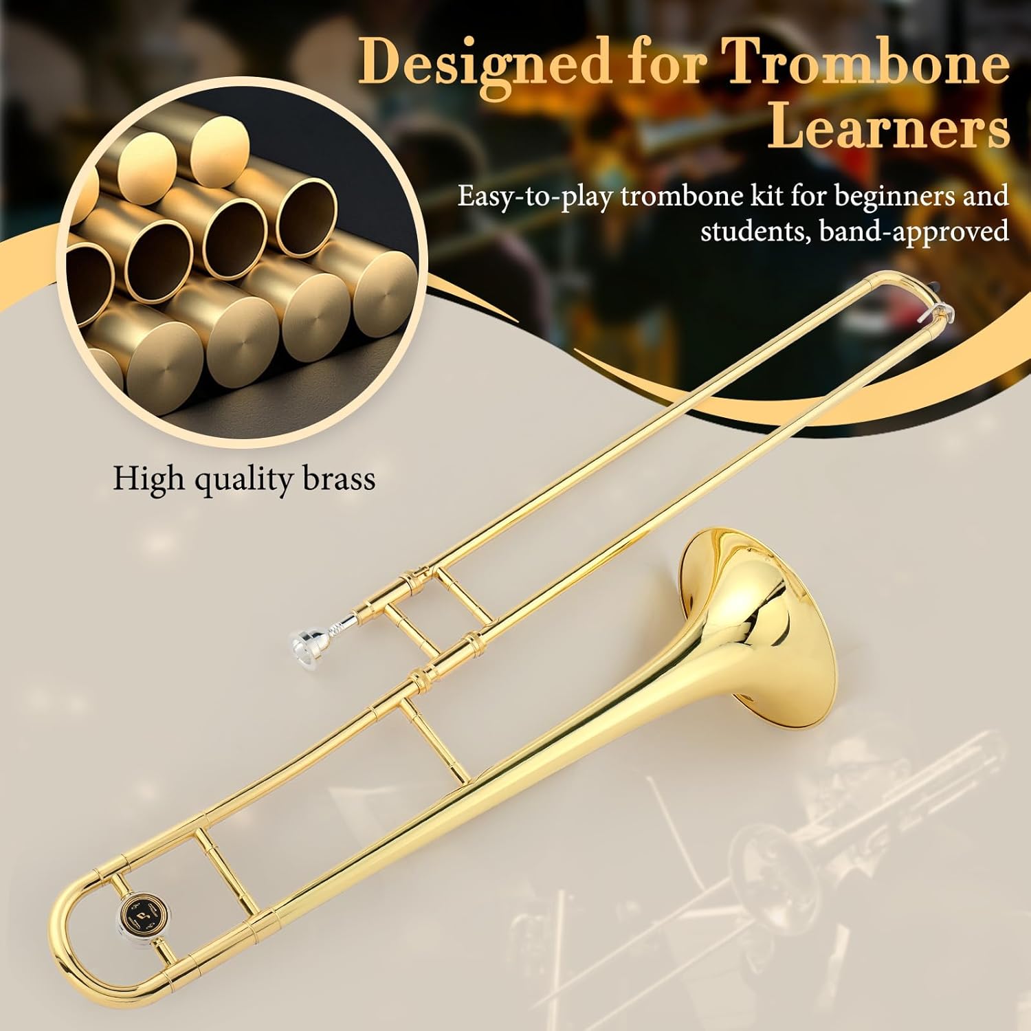 Ktaxon B Flat Tenor Trombone with Mouthpiece, Brass Slide Bb Trombones for Beginners, Portable Instrument Includes Cleaning Cloth, Gloves and Trombone Case (Golden)