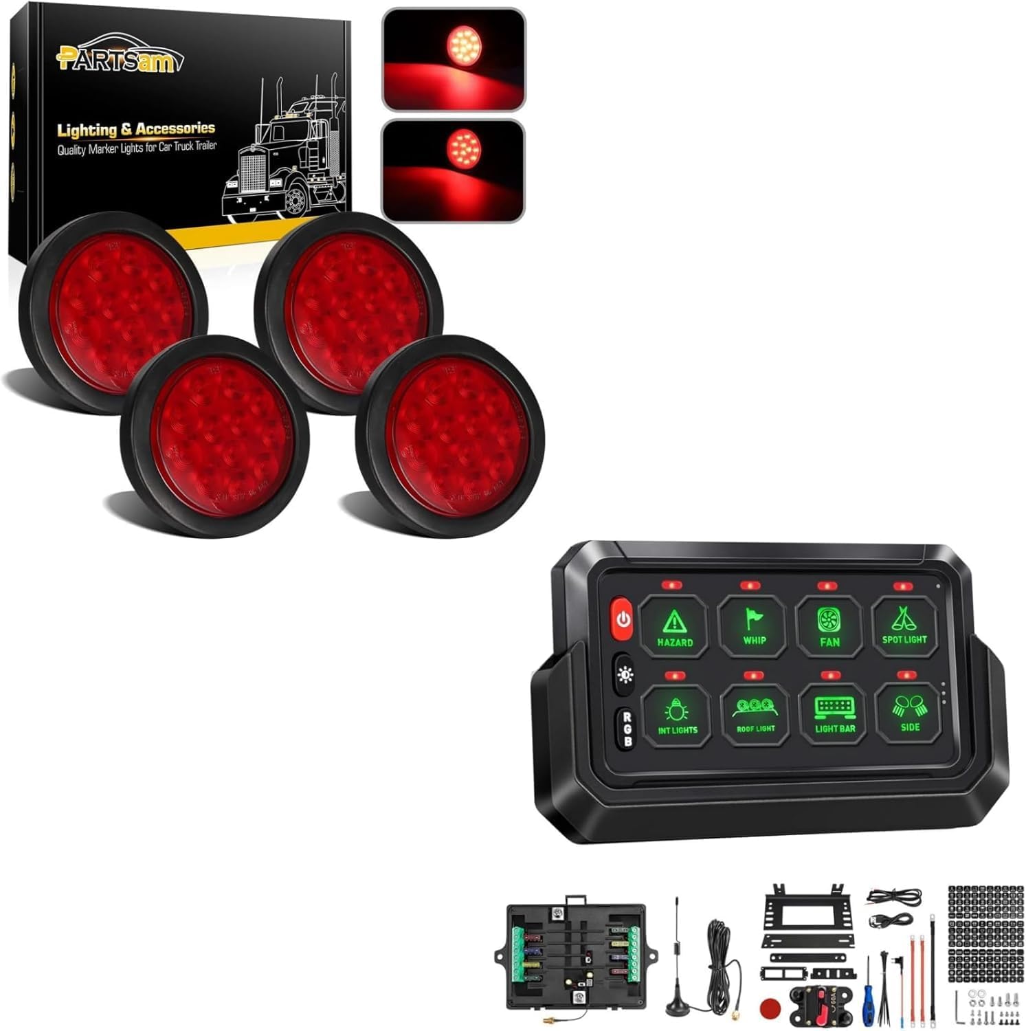 Partsam Round Led Trailer Tail Lights Kit Red+Wireless RGB 8 Gang Switch Panel