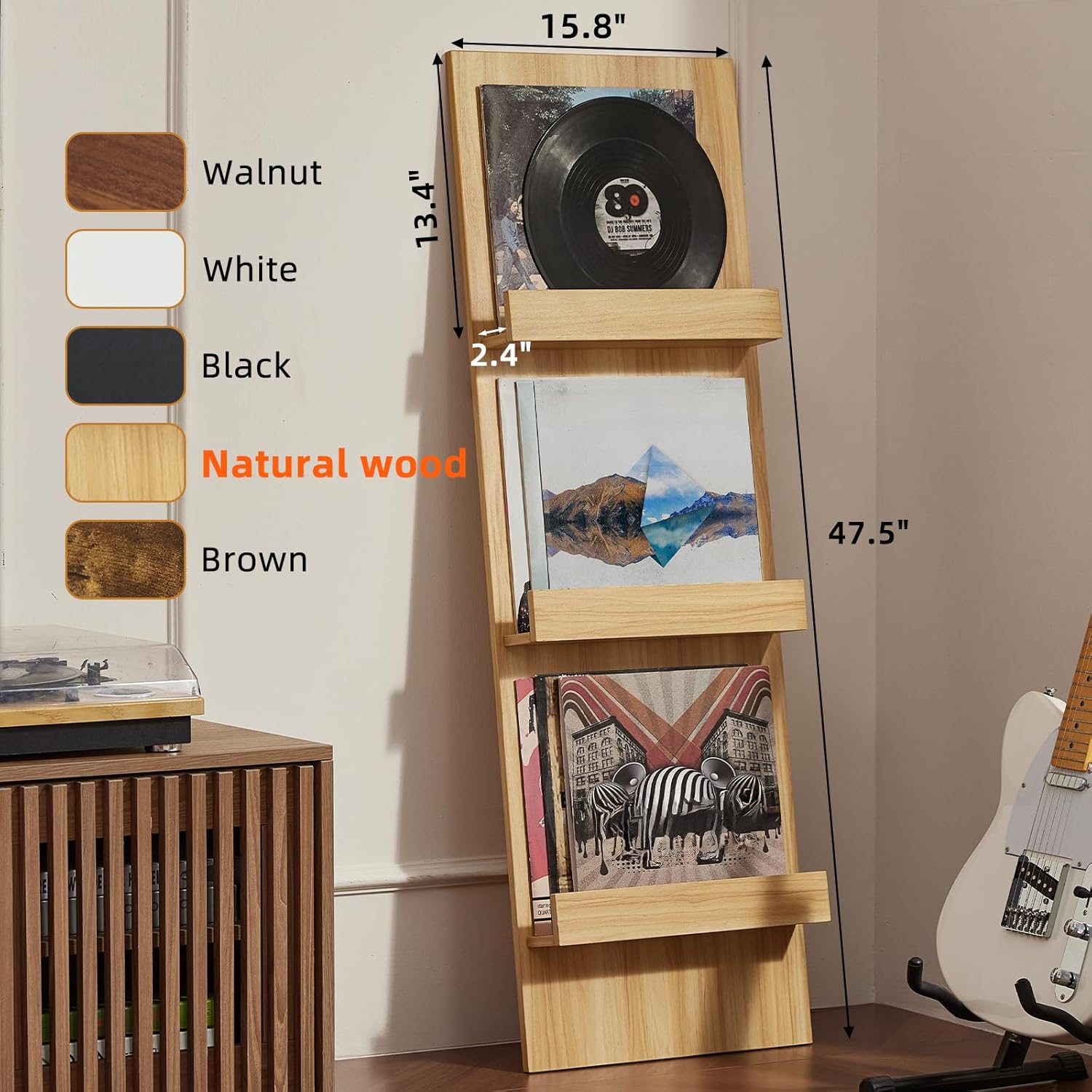 LELELINKY Wall Mount Vinyl Record Holder Set of 2 with 3 Tier Display Area, 47.5'' Tall Record Storage Magazine Holder, Book Shelf Holder Holds Up to 15 Vinyls Albums/CD for, Living Room, Music Room