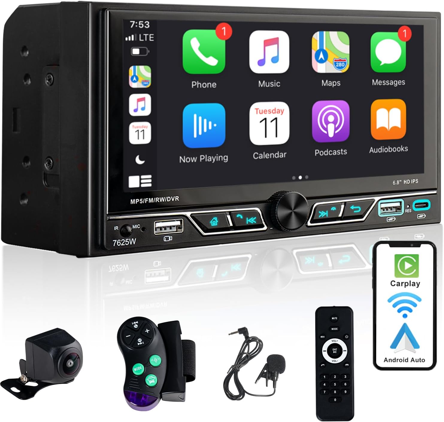 Double Din Car Stereo Compatible with [Wireless] Apple CarPlay/Android Auto 6.8 Inch Touchscreen Bluetooth AM/FM Radio 2X USB (Both 2.1A Fast Charge) Backup Camera