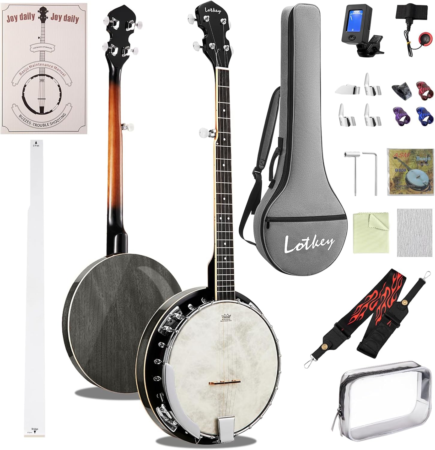 Lotkey 38-Inch 5 String Banjo, Remo Drum Head Full Size Banjos, Resonator and Open-Back Dual Styles with Beginner's Manual, Banjo Strings, Bridge, Tuner, Finger Picks, Strap for Adults, Professional