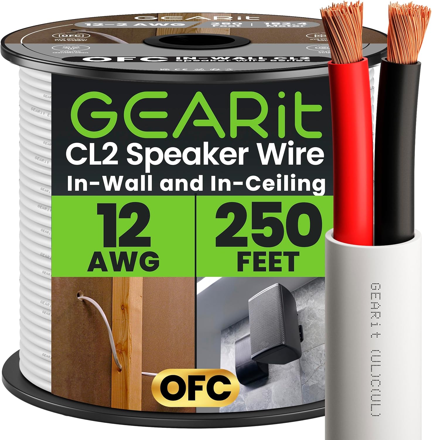 GearIT 12/2 Speaker Wire (250 Feet) 12AWG Gauge - in Wall Audio Speaker Wire Cable / CL2 Rated / 2 Conductors - OFC Oxygen-Free Copper, White 250ft