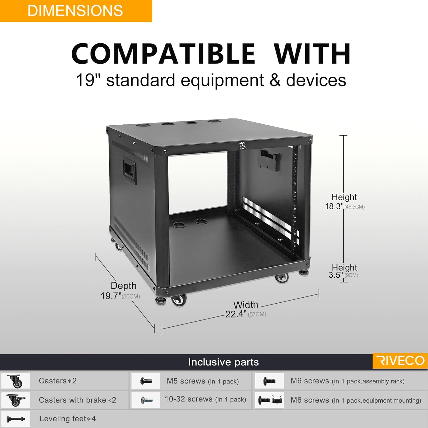RIVECO 9U Stereo & Server Rack with Caster Wheels, Rolling Network Cabinet, Open Frame Rack for 19-inch Audio Video Music Recording & IT Equipment Lifting Handle & 1U 10