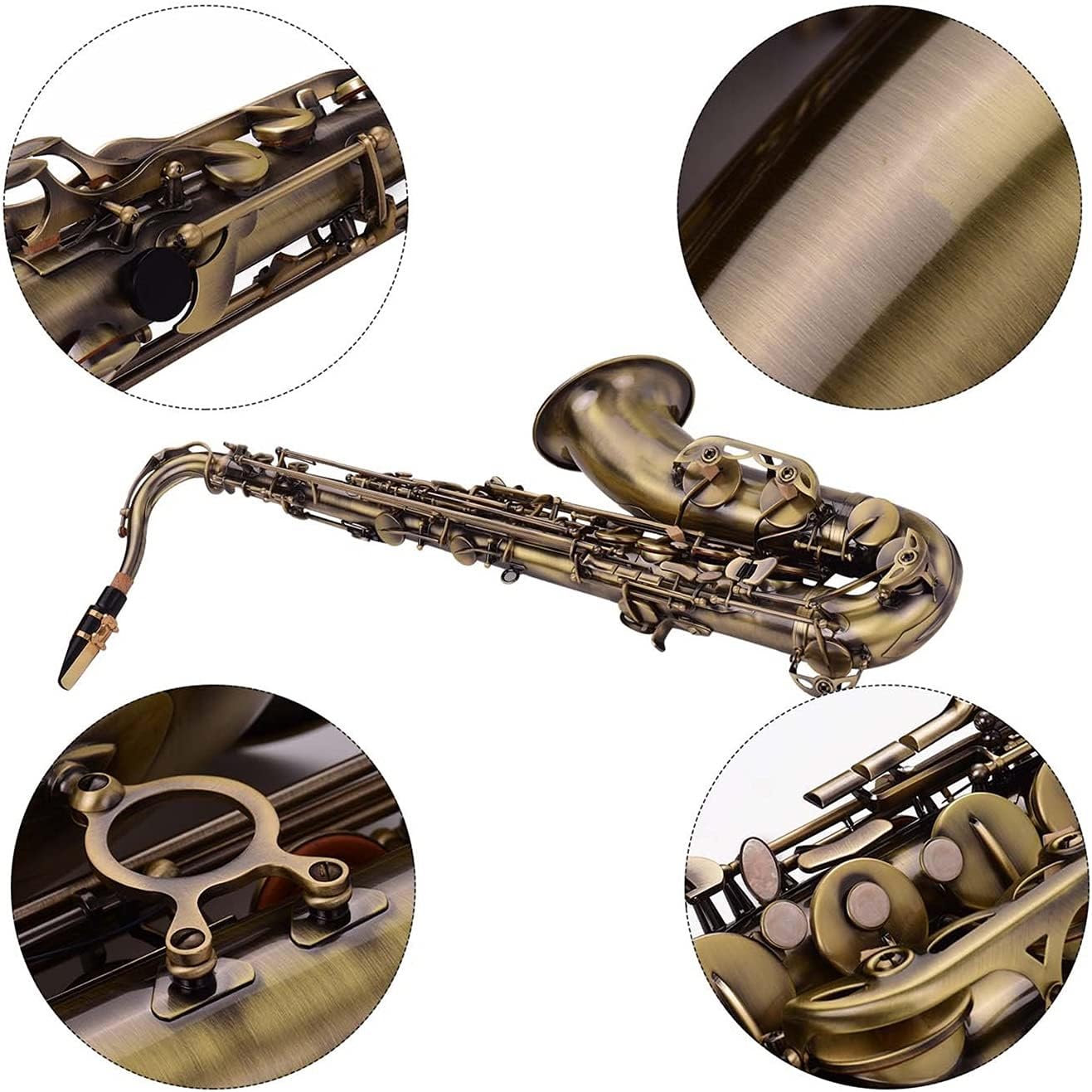 Sax Beginners Kit Antique Finish Bb Tenor Saxophone Sax Brass Body White Shell Keys Woodwind Instrument with Carry Case Cleaning Cloth Wind Instrument (Color : Bronze)