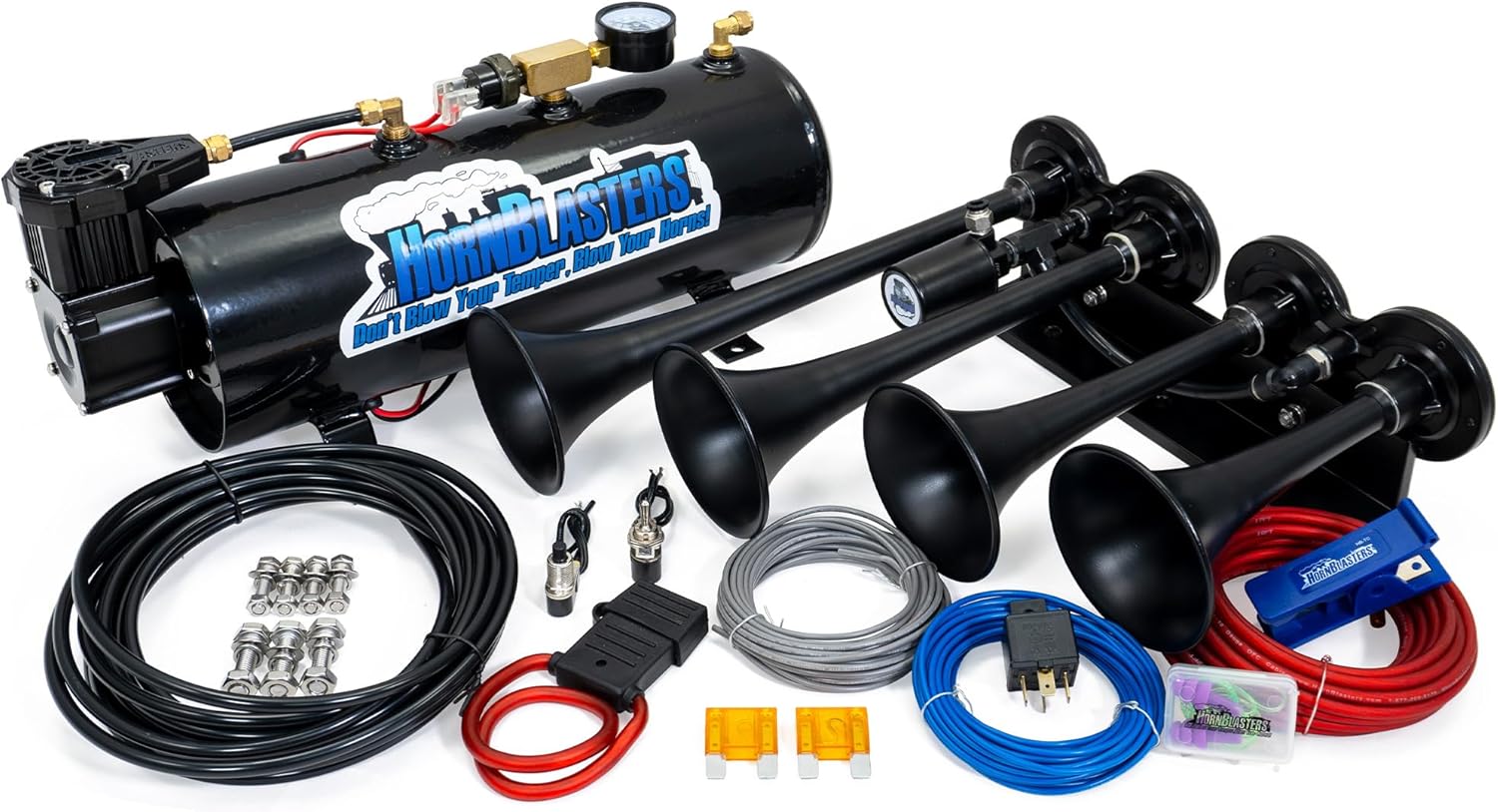 HornBlasters Rage 4-Chime 3-Liter Air Horn Kit - 120 PSI All-in-One System with Easy Installation - Loud 12-Volt Train Horn Sound (HK-4CHI-M3)